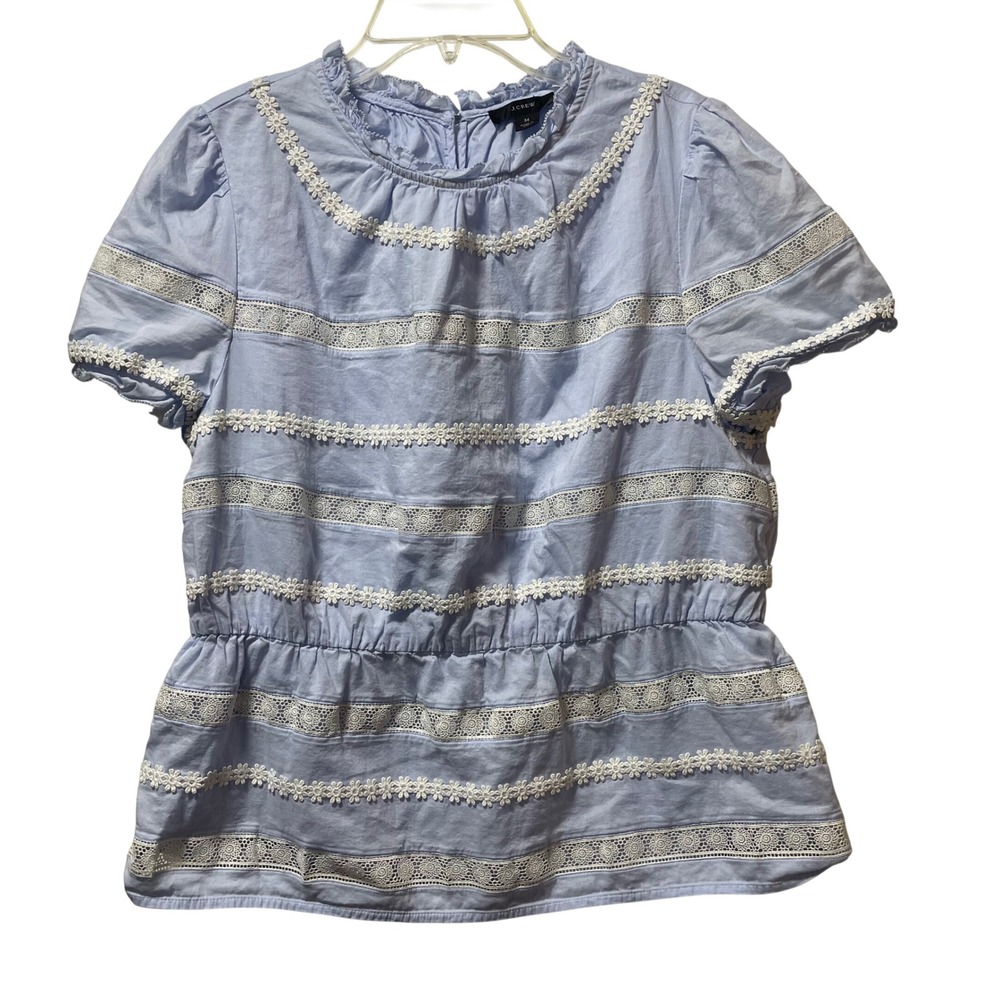 J.Crew Light Blue‎ Lace Daisy Embroidered Peplum Top Ruffle Neck Short Sleeve M
